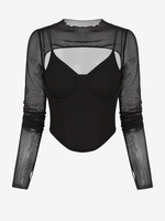 Haut Corset Confort avec Trou de Pouce et Dentelles Transparentes M Noir
