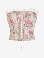 Haut Corset Floral sans Bretelle à Ourlet en Maille à Lacets L Rose léger