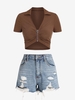 Haut Court Anneau en O Zippé à Col Plongeant et Short Denim Déchiré Taille unique Café profond