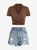 Haut Court Anneau en O Zippé à Col Plongeant et Short Denim Déchiré Taille unique Café profond