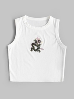 Haut Court Dragon Chinois Brodé en Tricot à Ourlet Brut L Blanc