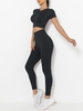 Haut Court en Couleur Unie et Legging à Taille Haute M Noir