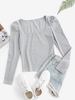 Haut Côtelé à Manches Bouffantes à Col U Taille unique Gris clair