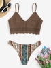 Haut de Bikini Au Crochet Festonné et Bas à Imprimé Ethnique à Bretelle Taille unique Café profond