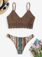 Haut de Bikini Au Crochet Festonné et Bas à Imprimé Ethnique à Bretelle Taille unique Café profond