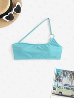 Haut de Bikini Côtelé Anneau en O à Une Epaule S Bleu