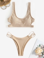 Haut de Bikini Découpé Côtelé et Bas de Bikini à Bretelles Taille unique Café lumière