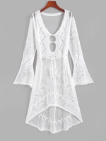 Haut de Cache-maillot en Crochet à Manches Evasées et avec Découpes Taille unique Blanc