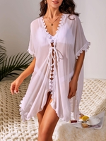 Haut de Cache-maillot Semi-transparent Noué en Avant à Ourlet en Dentelle M Blanc