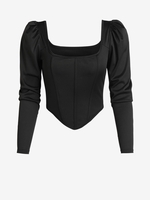 Haut de Corset Manches Bouffantes à Col U L Noir