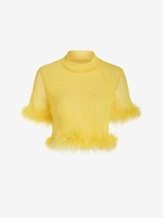 Haut en Maille Transparente à Ourlet avec Plume à Col Montant S Jaune
