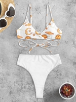 Haut et Bas de Bikini à Imprimé Soleil et Lune Découpé à Coupe Haute Taille unique Blanc