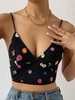 Haut Fleuri Brodé Superposé en Maille L Noir