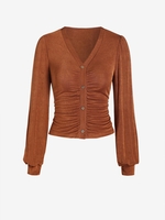 Haut Jersey Plissé Boutonné à Manches Lanternes M Café profond