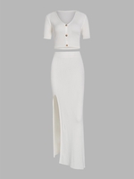 Haut Tricoté Boutonné et Jupe Longue Fendue en Ensemble M Blanc