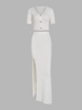 Haut Tricoté Boutonné et Jupe Longue Fendue en Ensemble S Blanc