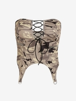 Haut Tube Corset avec Lacets et Poches à Fermeture Éclair Motif Camouflage L Vert