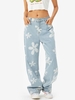 Jean Bouffant à Imprimé Fleur à Taille Haute S Bleu clair