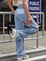 Jean Bouffant Découpé Effrangé à Taille Haute S Bleu