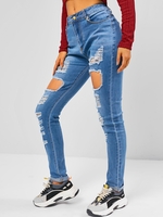 Jean Collant Déchiré Ourlet avec Revers S Bleu