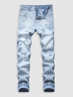Jean Déchiré Délavé avec Poches Zippées en Denim 34 Bleu clair