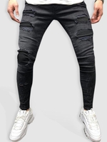 Jean Décontracté Déchiré Patch en Couleur Unie L Noir
