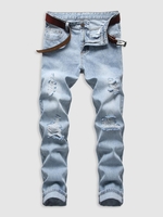 Jean Décontracté Déchiré Rétro Zippé avec Poches 34 Bleu clair