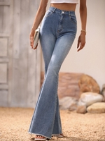 Jean Evasé Effrangé à Taille Haute M Bleu clair