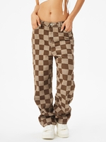 Jean Motif à Carreaux Jambe Large à Taille Haute S Café