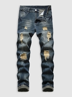 Jean Rétro Déchiré Zippé avec Poches 34 Bleu