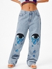 Jeans Droit à Yeux et Larme Brodé Xs Bleu clair