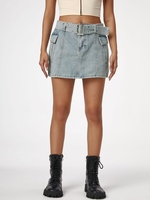 Jupe Cargo Ceinturée Bouclée avec Poches en Denim M Bleu clair