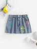 Jupe Denim Brodée à Bordure Usée L Bleu clair