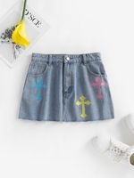 Jupe Denim Brodée à Bordure Usée S Bleu clair