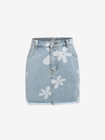 Jupe Denim Courte à Imprimé Florale à Bordure Usée M Bleu clair