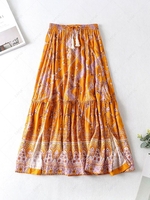 Jupe Fendue à Imprimé Floral et Cordon de Serrage Style Bohémien M Orange