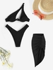 Jupe Mi-Longue Asymétrique Brillante et Bikini à Une Epaule à Armateur Taille unique Noir