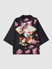 Kimono à Imprimé Fleurs de Prunier et Vagues Marines M Noir