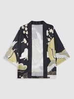 Kimono à Imprimé Lune Soleil et Grue à Manches Courtes M Vanille