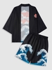 Kimono à Imprimé Vague de Mer et Short à Cordon de Serrage Style Chinois Taille unique Multi a