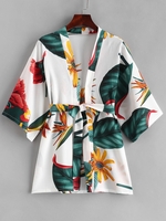 Kimono Ceinture Plante Imprimée S Blanc