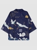 Kimono Décontracté à Imprimé Nuage et Grue Style Chinois L Bleu marine