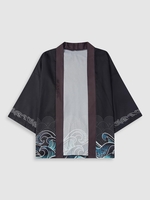 Kimono Décontracté à Imprimé Vague de Mer et Nuage à Manches Courtes Xl Noir