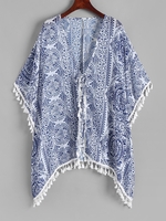 Kimono de Plage à Imprimé Ethnique Noué en Avant à Ourlet à Frange Taille unique Bleu clair