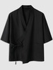 Kimono en Couleur Unie Taille Nouée avec Poche en Avant L Noir