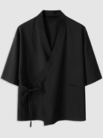 Kimono en Couleur Unie Taille Nouée avec Poche en Avant L Noir
