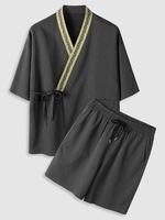 Kimono en Jacquard Style Ethnique et Short à Cordon de Serrage Taille unique Gris