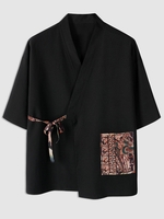 Kimono Imprimé Panneau avec Poche en Avant à Taille Nouée M Noir