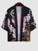 Kimono Ouvert en Avant à Imprimé Lune Fleuri et Poisson Koi M Noir