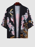 Kimono Ouvert en Avant à Imprimé Lune Fleuri et Poisson Koi M Noir
